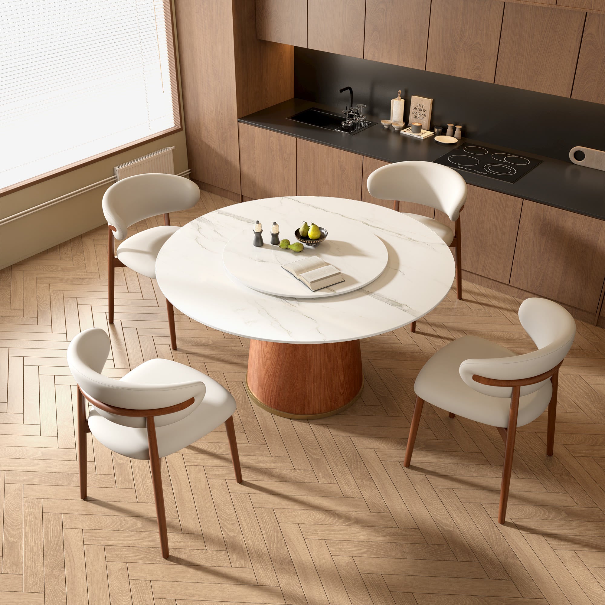 Round Dining Table With Solid Wood Bucket Base For 4-8 People