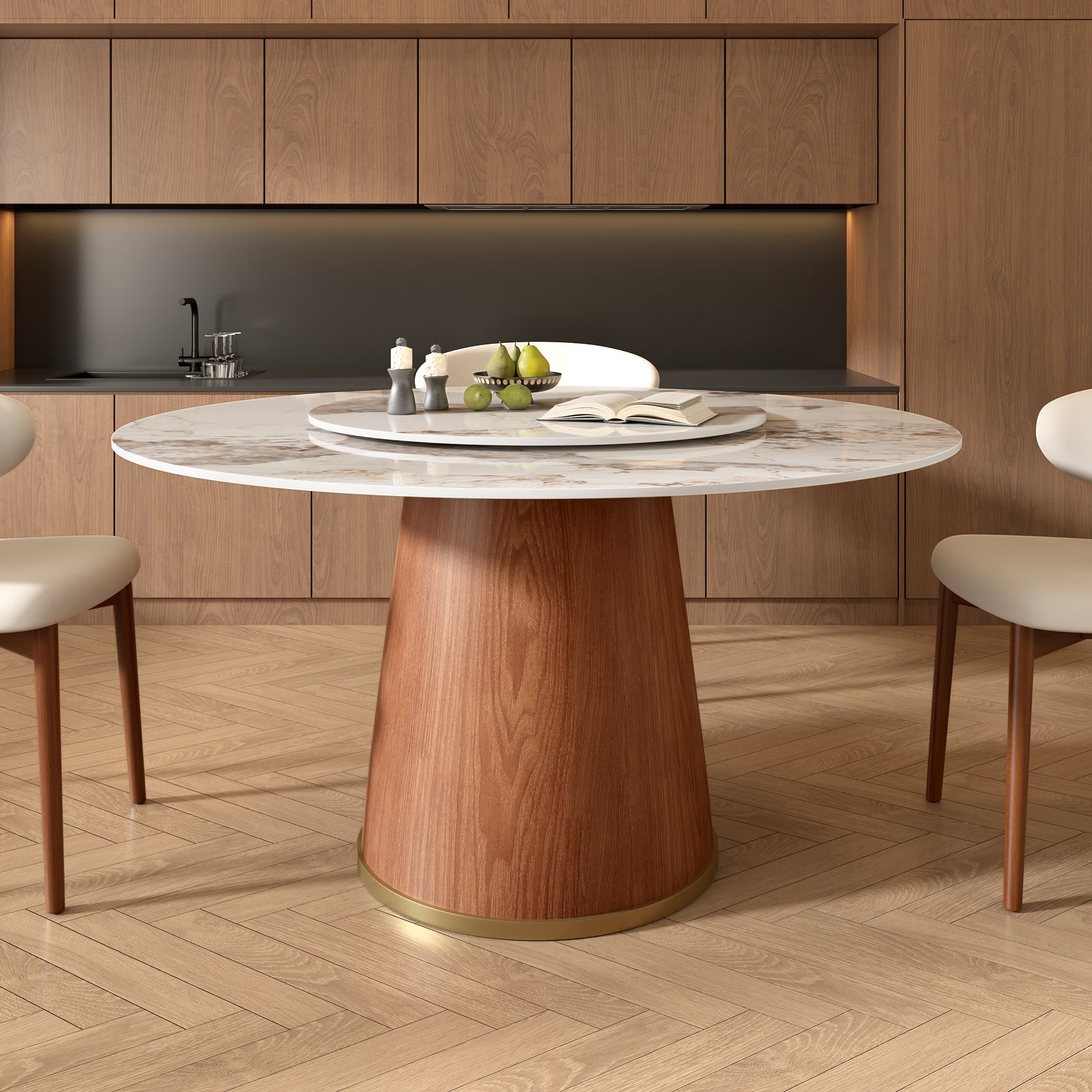 Round Dining Table With Solid Wood Bucket Base For 4-8 People