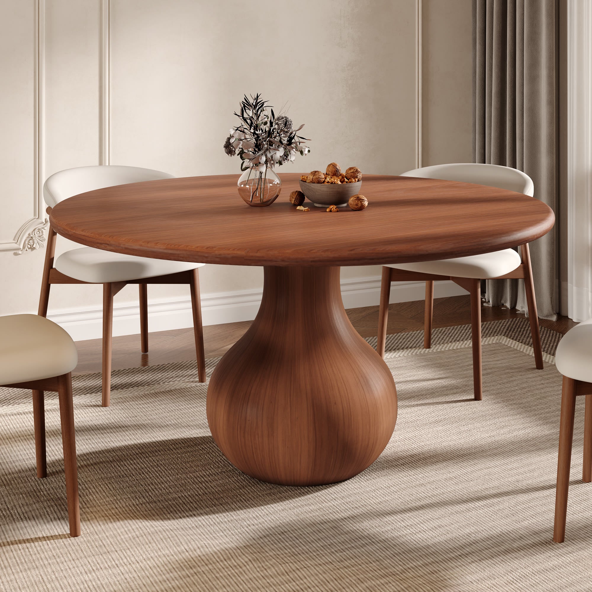 Farmhouse Round Dining Table With Vase-shaped Pedestal For 4-8 People