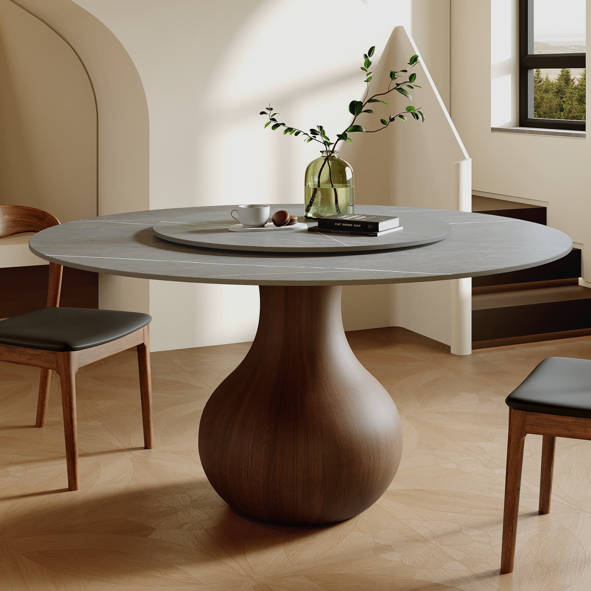 Luxury Gray Mid-Century Space-Saving Round Kitchen Table For 4/6/8 - Light Gray - 59" Table With Lazy Susan - image 12