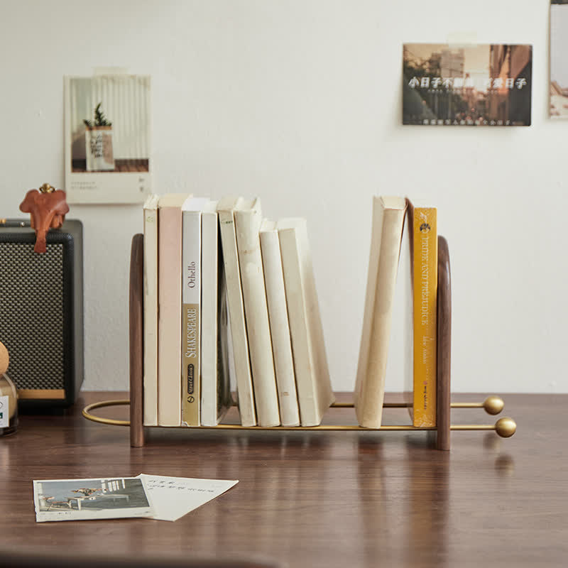 Minimalist Wood Brass Expandable Desktop Bookshelf - Brown - image 0