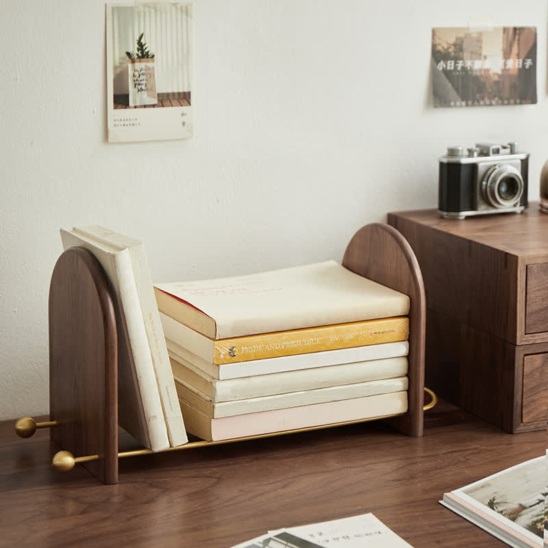 Minimalist Wood Brass Expandable Desktop Bookshelf
