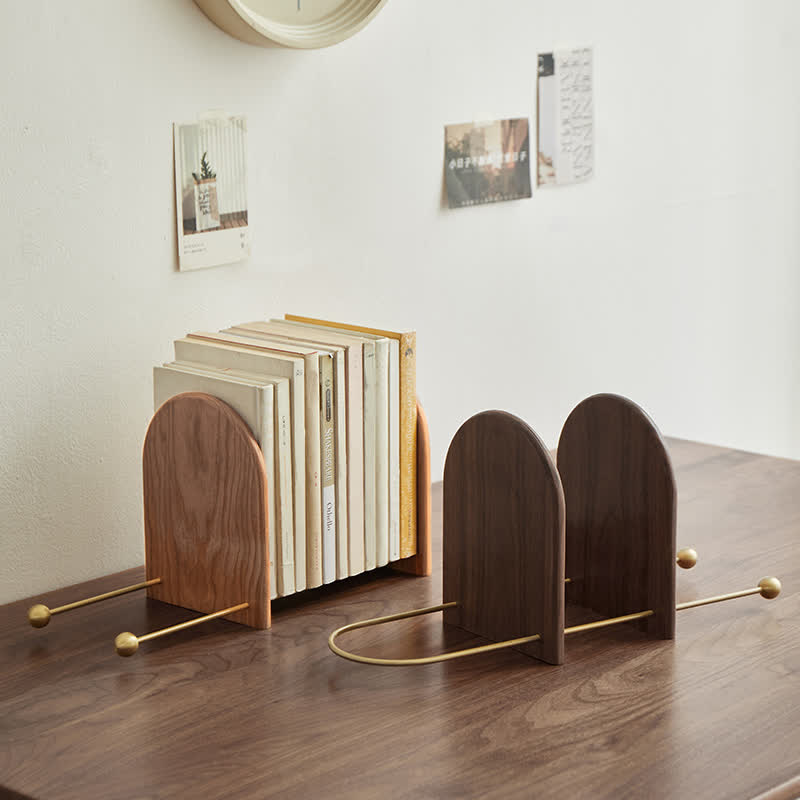 Minimalist Wood Brass Expandable Desktop Bookshelf