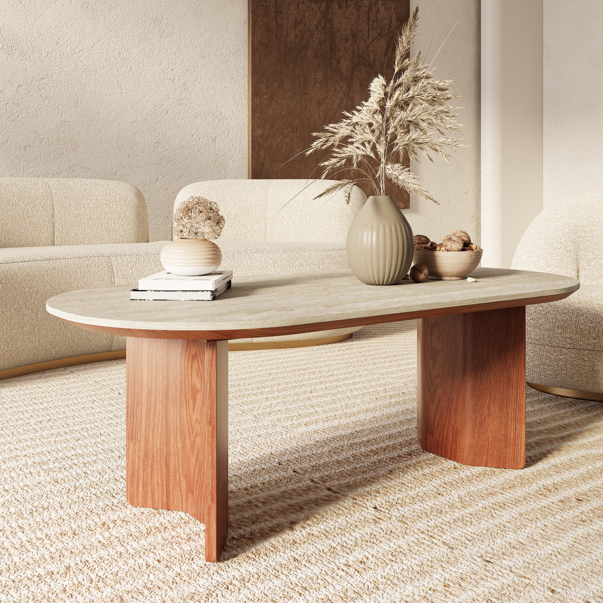 Iffhome Slate Oval Walnut Coffee Table - image 3