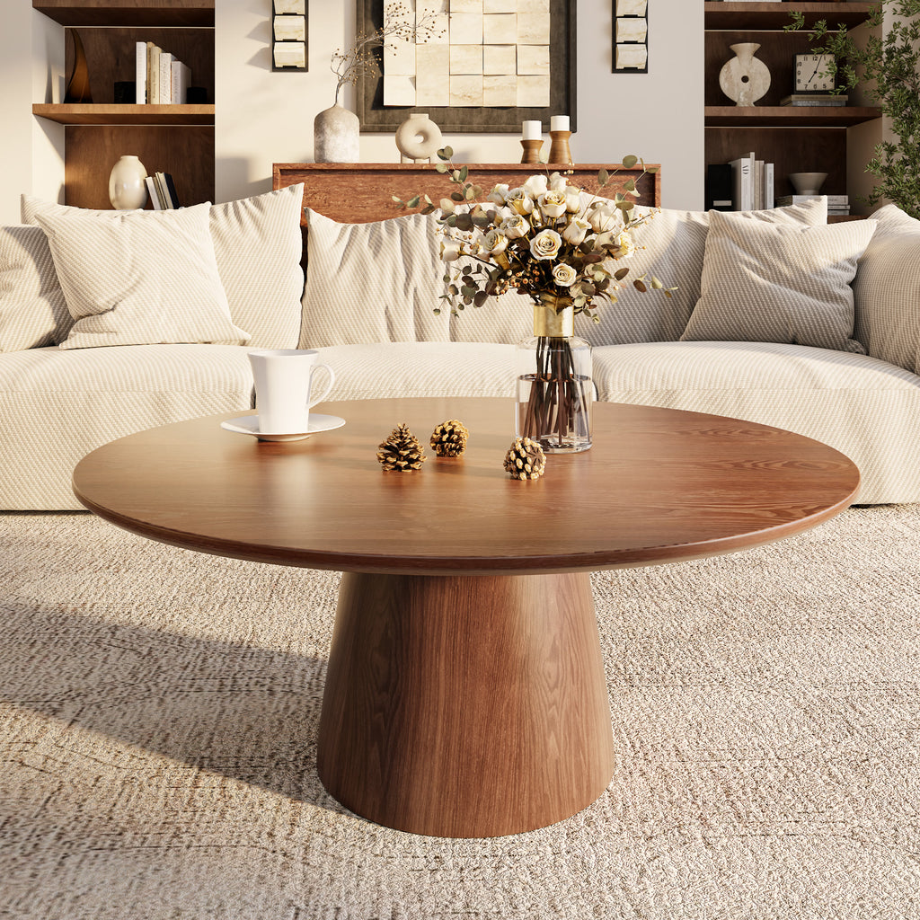Mid-century Round Solid Wood Pedestal Coffee Table - Walnut+Brown - W39.37" x L39.37" x H17.44" - image 4