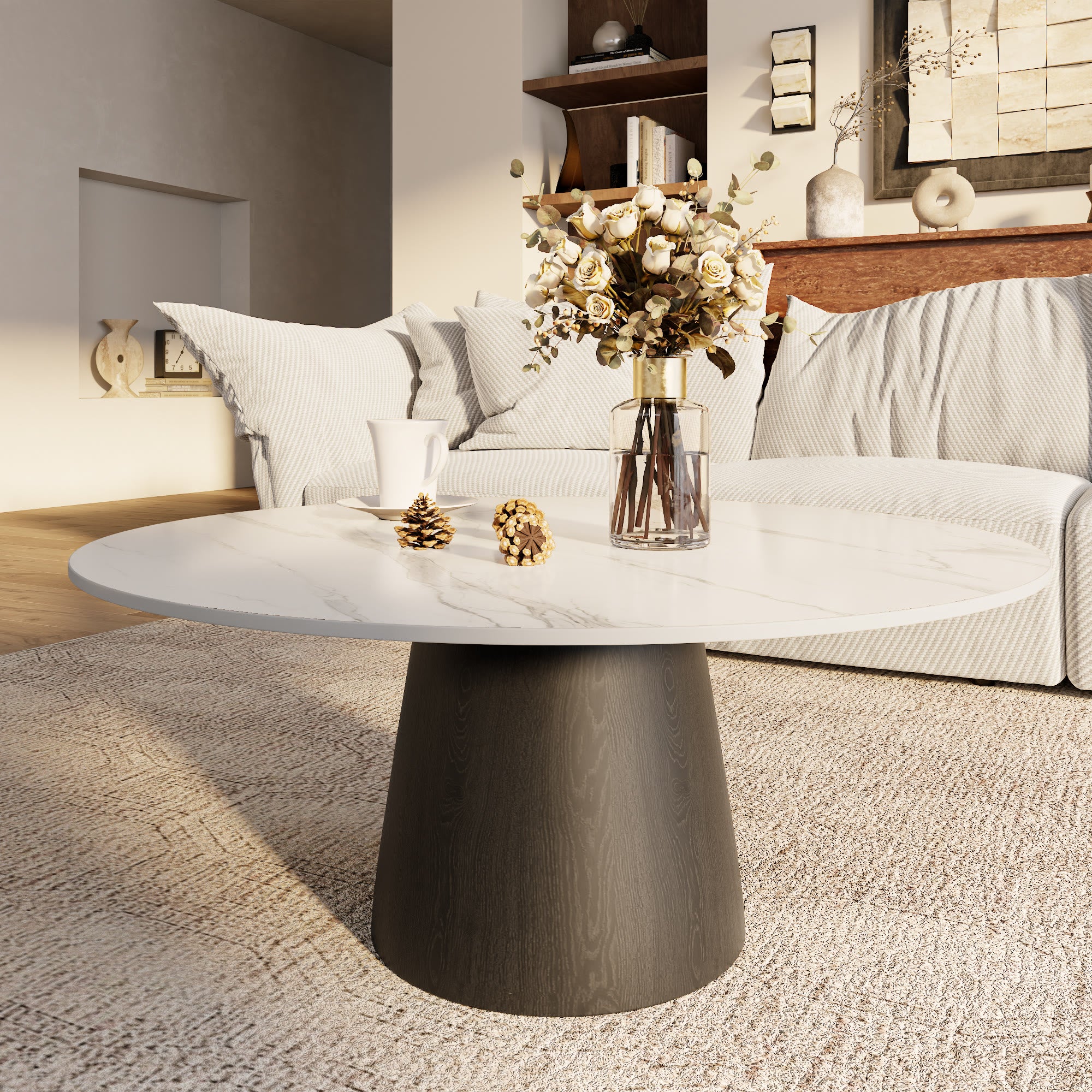 Mid-century Round Solid Wood Pedestal Coffee Table - Snowy White+Black - W41.73" x L41.73" x H17.44" - image 7
