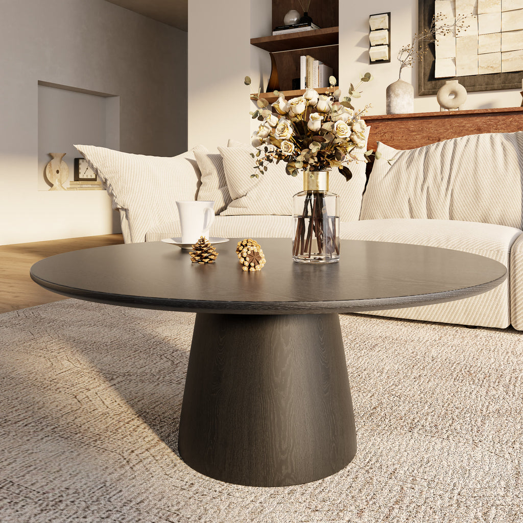 Mid-century Round Solid Wood Pedestal Coffee Table - Black+Black - W39.37" x L39.37" x H17.44" - image 10