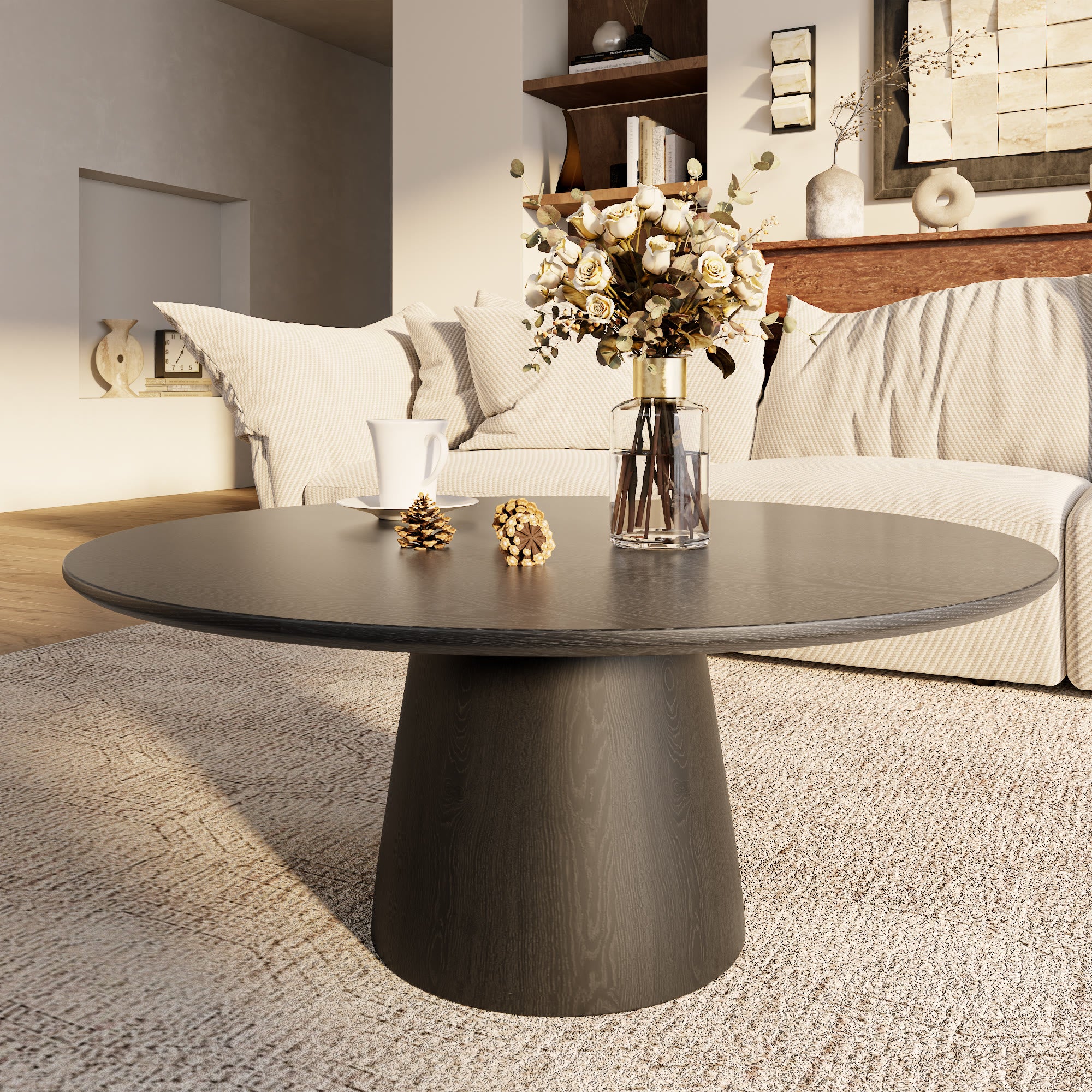 Mid-century Round Solid Wood Pedestal Coffee Table - Black+Black - W39.37" x L39.37" x H17.44" - image 10