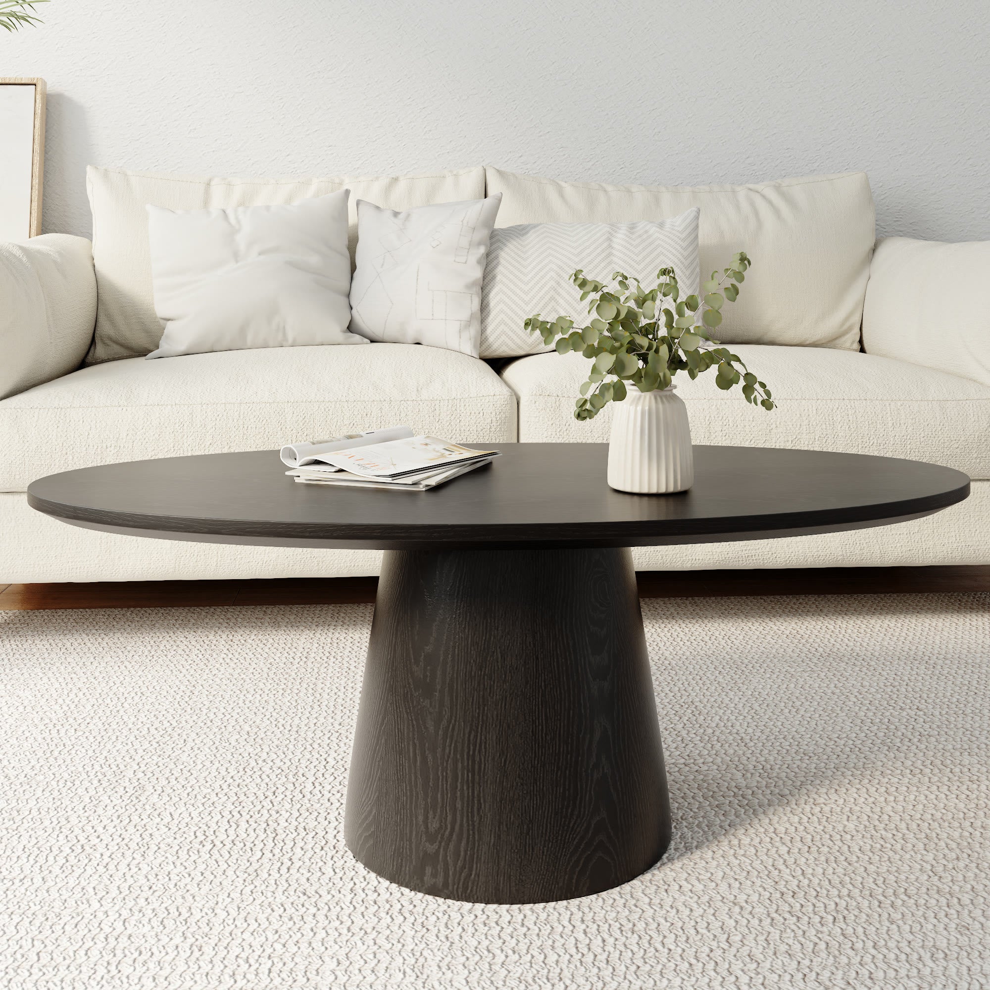 Mid-century Round Solid Wood Pedestal Coffee Table - Black+Black - W23.42" x L47.24" x H17.44" - image 14