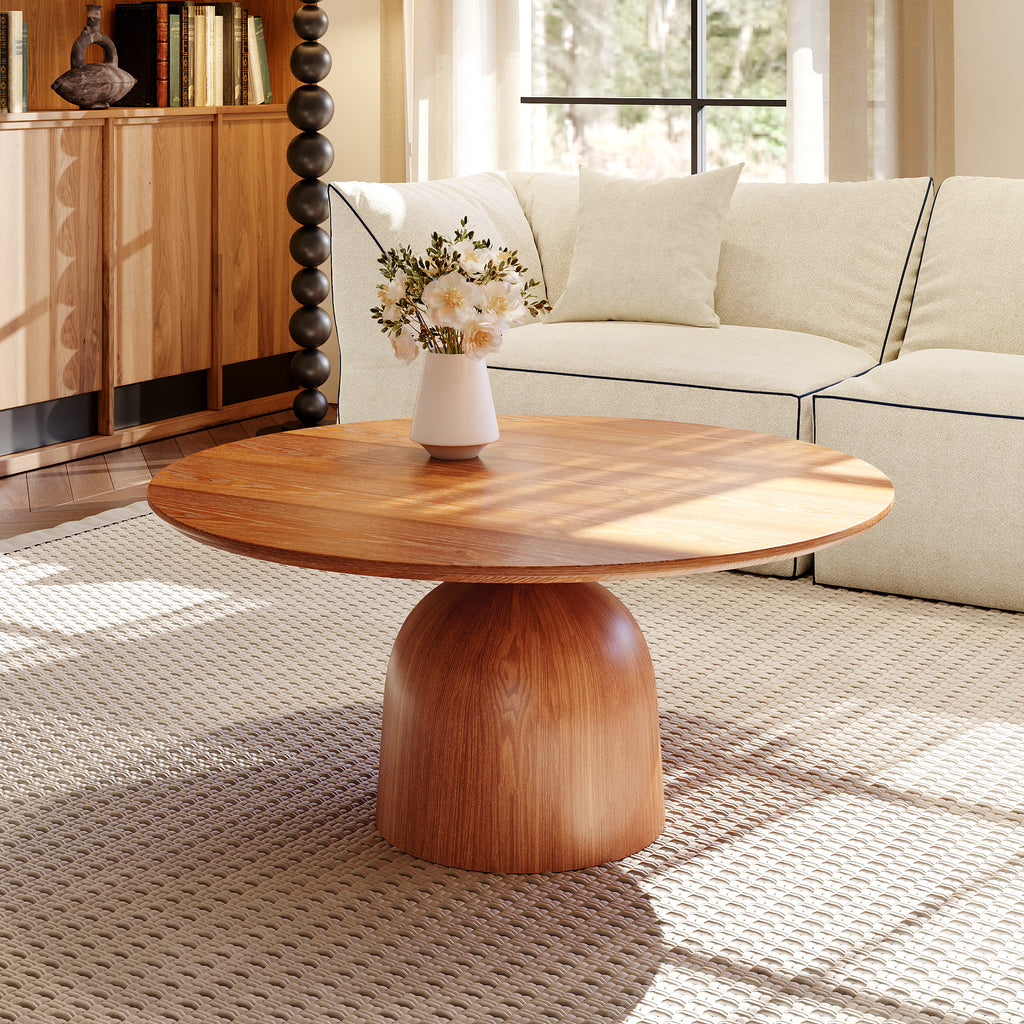 Farmhouse Round Coffee Table Solid Wood Side Table Living Room - Walnut+Brown - W39.37" x L39.37" x H18.11" - image 6