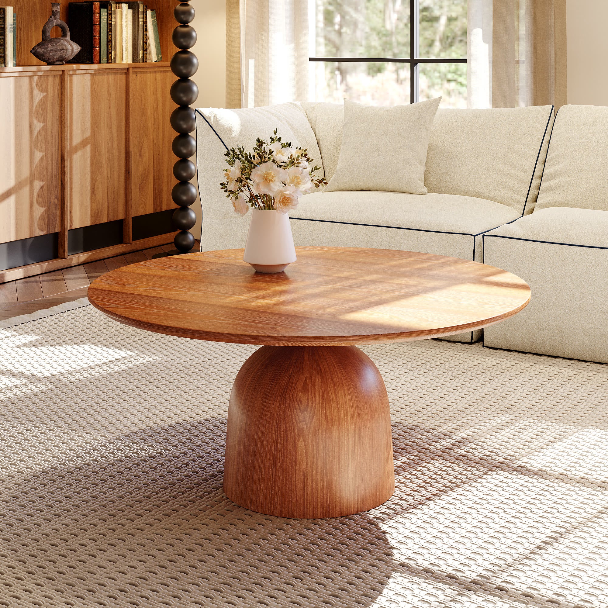Farmhouse Round Coffee Table Solid Wood Side Table Living Room - Walnut+Brown - W39.37" x L39.37" x H18.11" - image 6