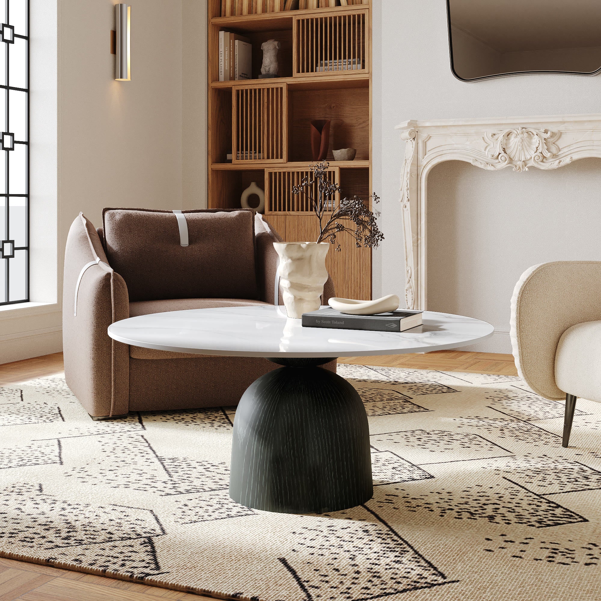 Farmhouse Round Coffee Table Solid Wood Side Table Living Room - Snowy White+Black - W41.73" x L41.73" x H17.44" - image 9