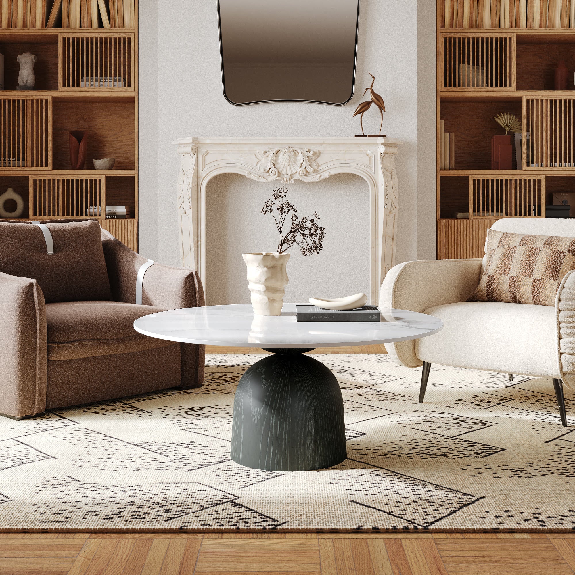 Farmhouse Round Coffee Table Solid Wood Side Table Living Room