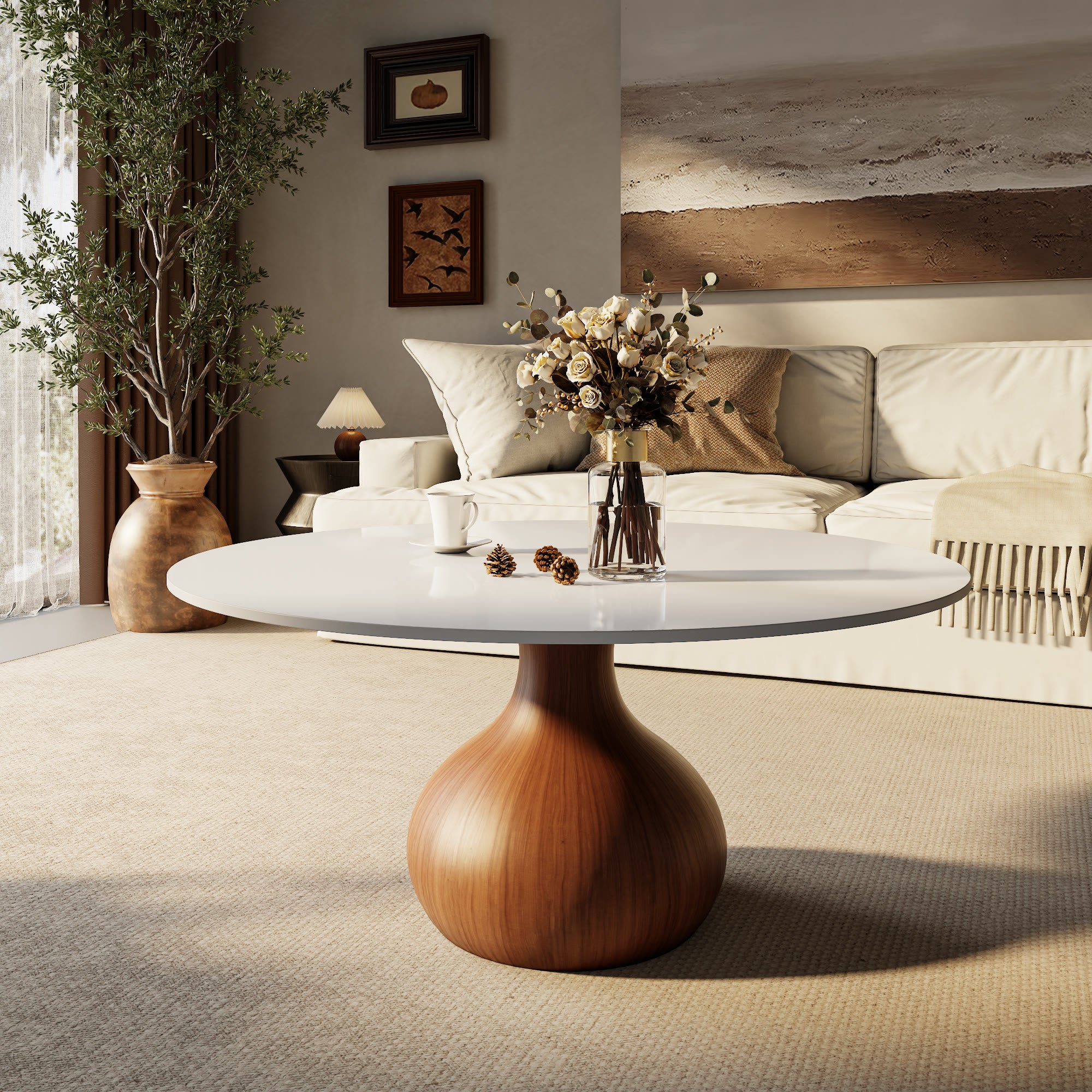 Mid-Century Modern Round Coffee Table For Living Room & Home Decor - White+Brown - W41.73" x L41.73" x H18.23" - image 6
