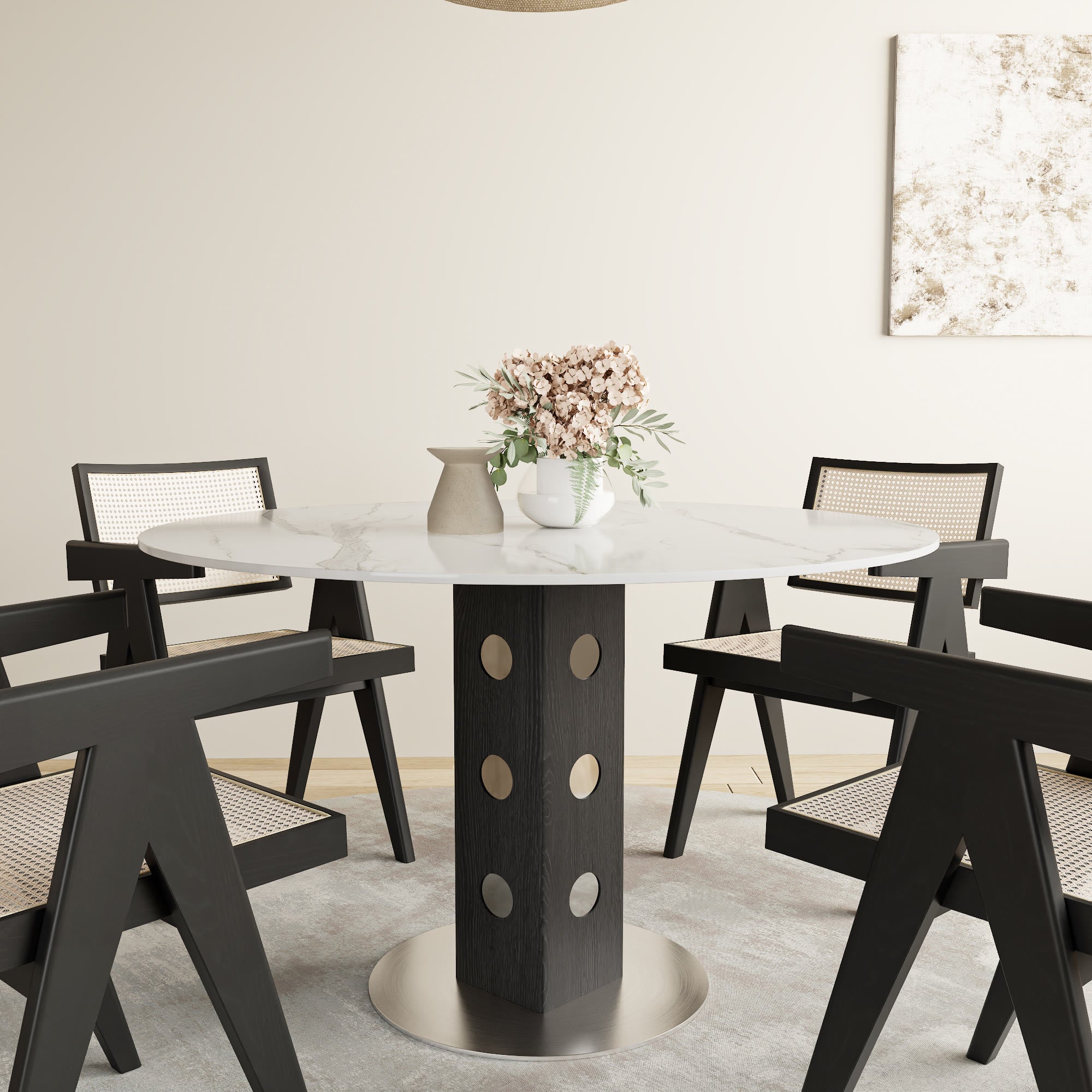 Iffhome Round Kitchen Table Black/Brown Solid Wood Pedestal For 2-4 Person - Snowy White+Black - W43.31" x D43.31" x H29.53" - image 9