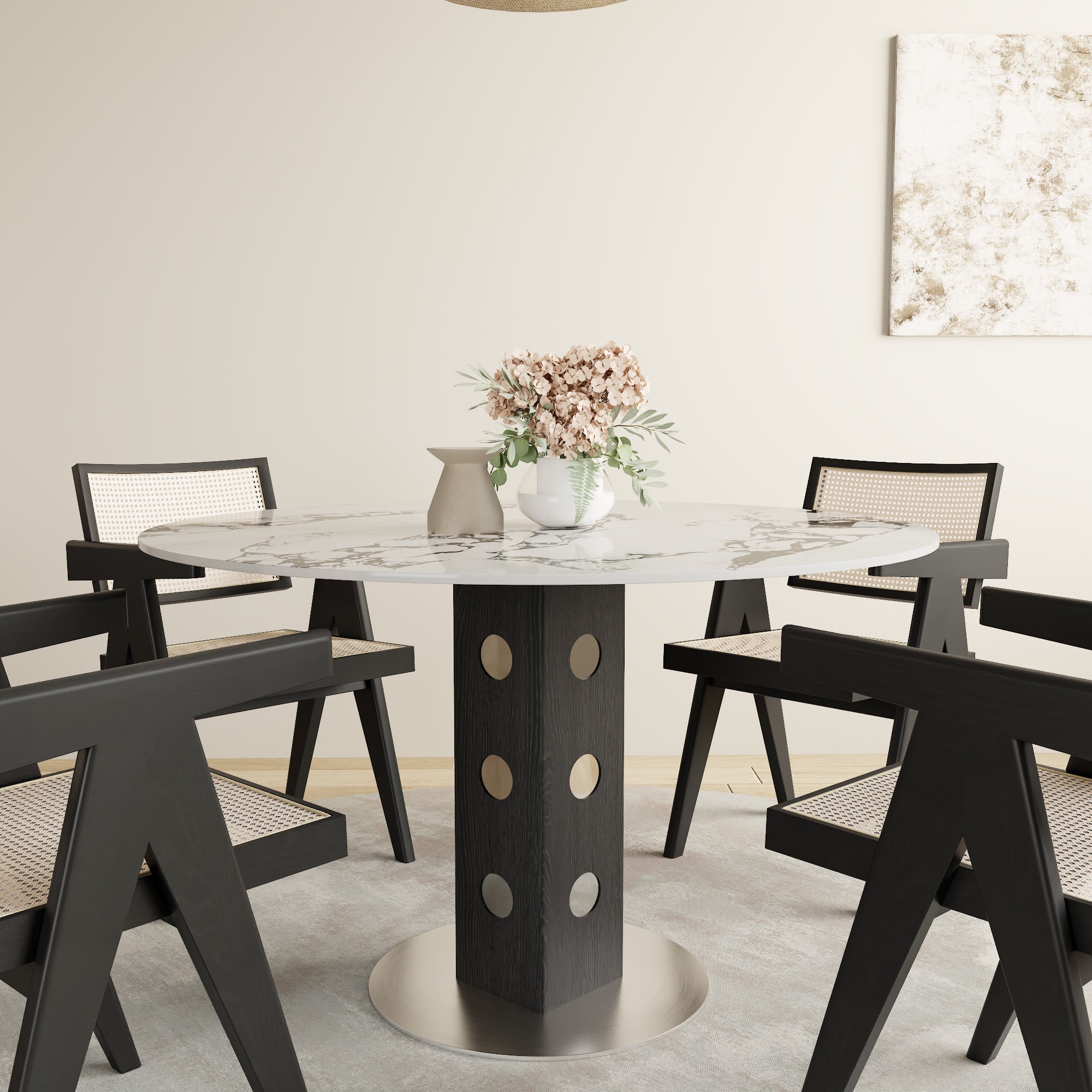 Iffhome Round Kitchen Table Black/Brown Solid Wood Pedestal For 2-4 Person - Gemstone Black+Black - W43.31" x D43.31" x H29.53" - image 5