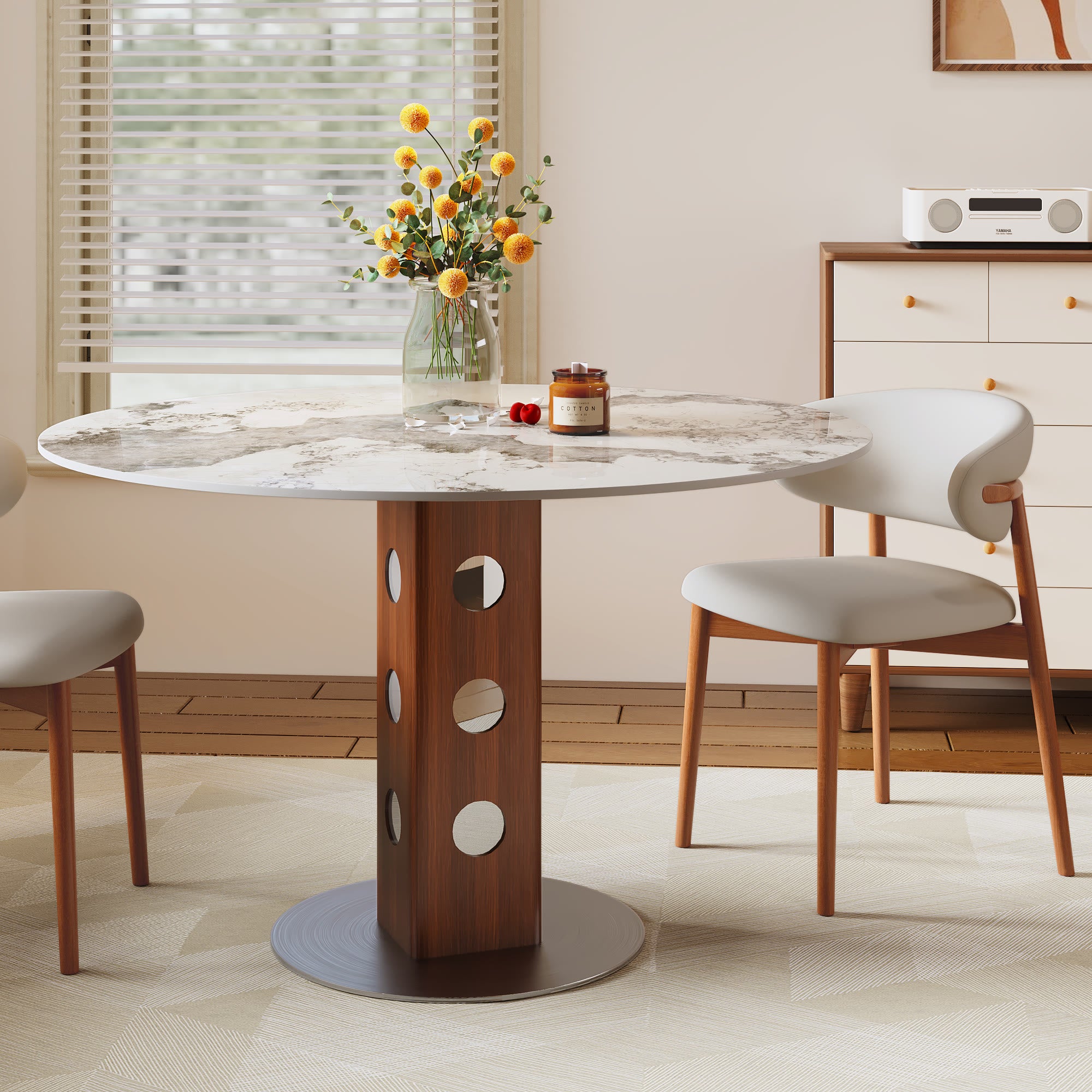 Iffhome Round Kitchen Table Black/Brown Solid Wood Pedestal For 2-4 Person - Pandora+Brown - W43.31" x D43.31" x H29.53" - image 1