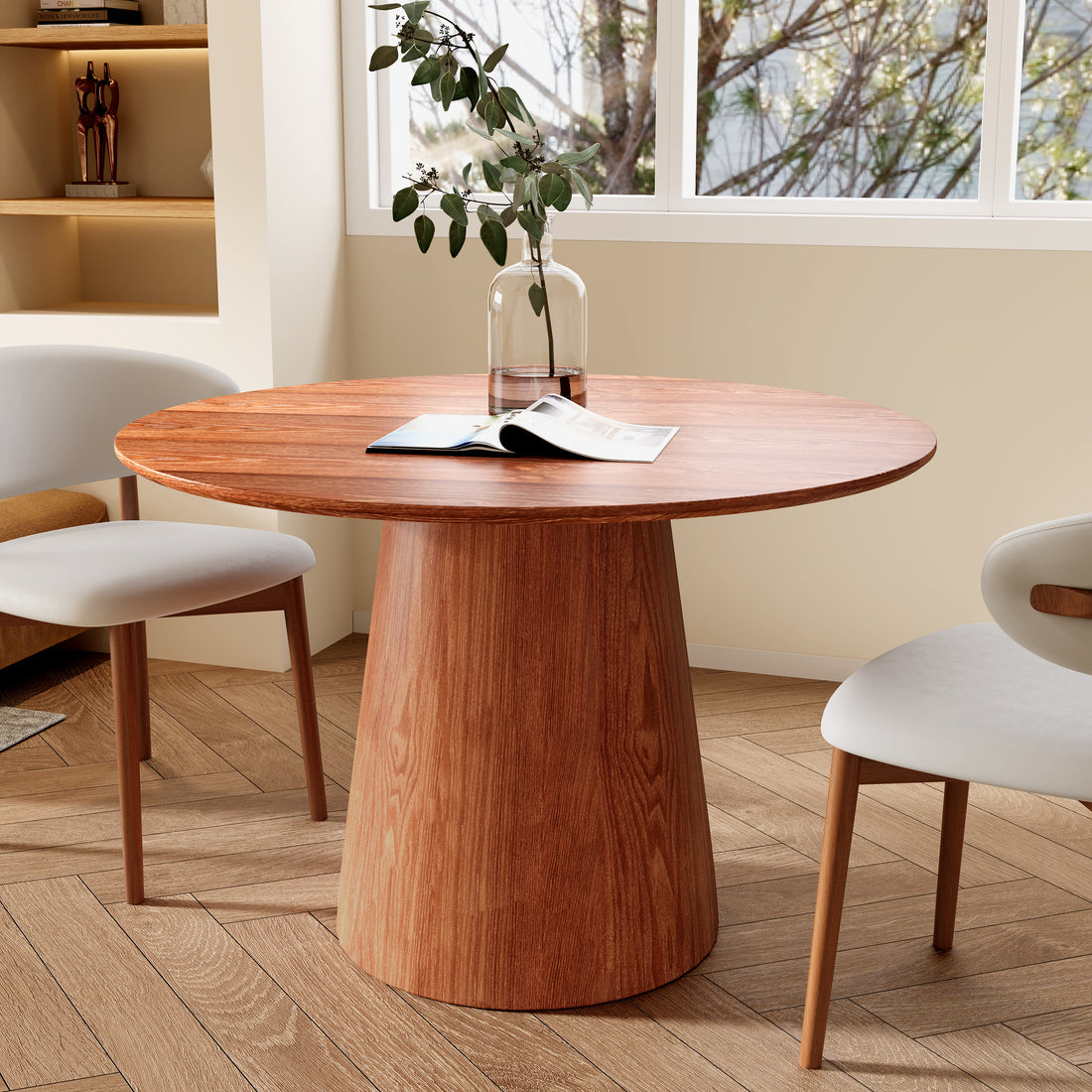 Iffhome Round Black/Brown Sturdy Barrel Shape Dining Table Solid Wood Pedestal For 2-4 Person - Brown+Brown - W43.31" x D43.31" x H29.53" - image 6