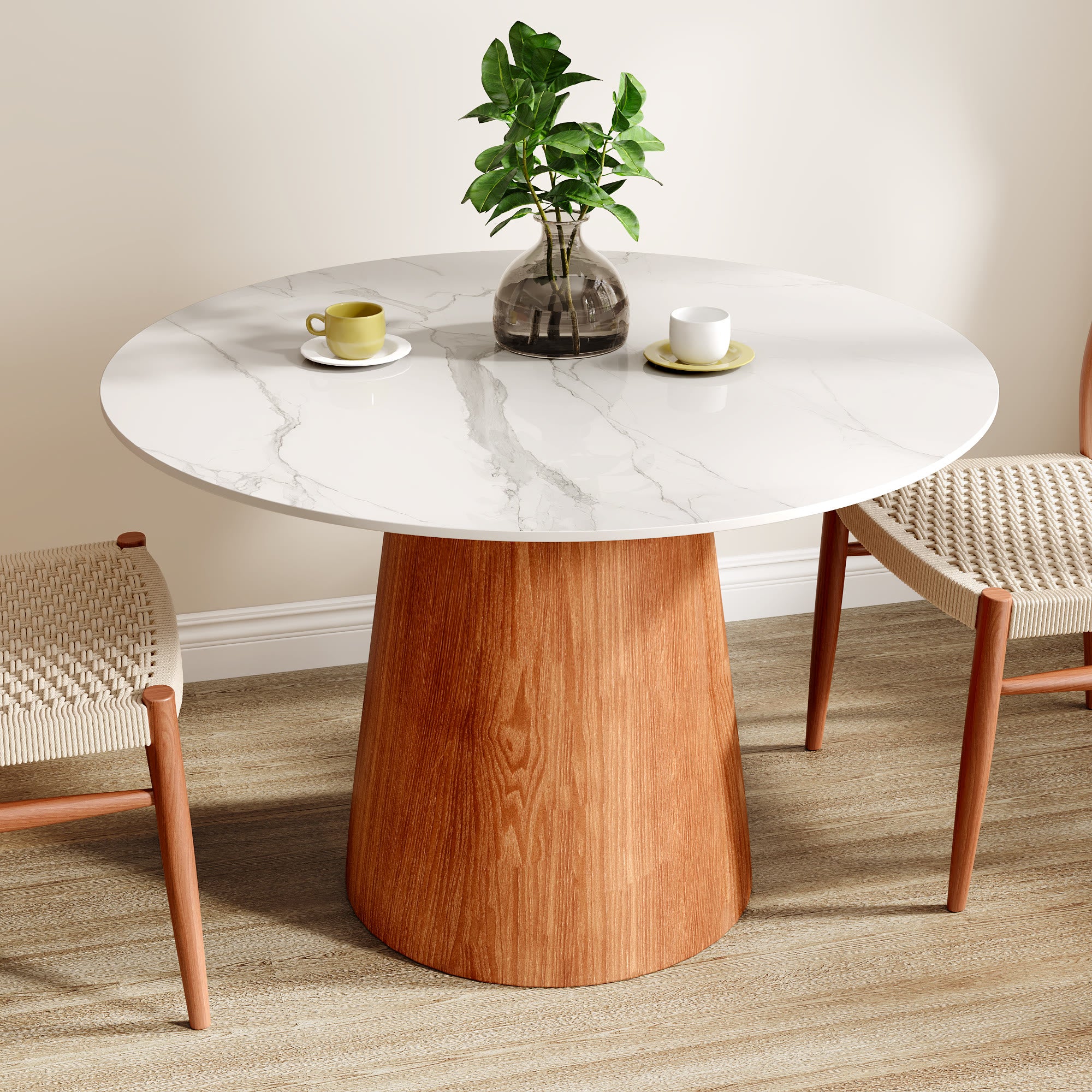 Iffhome Round Black/Brown Sturdy Barrel Shape Dining Table Solid Wood Pedestal For 2-4 Person - Snowy White+Brown - W43.31" x D43.31" x H29.53" - image 10