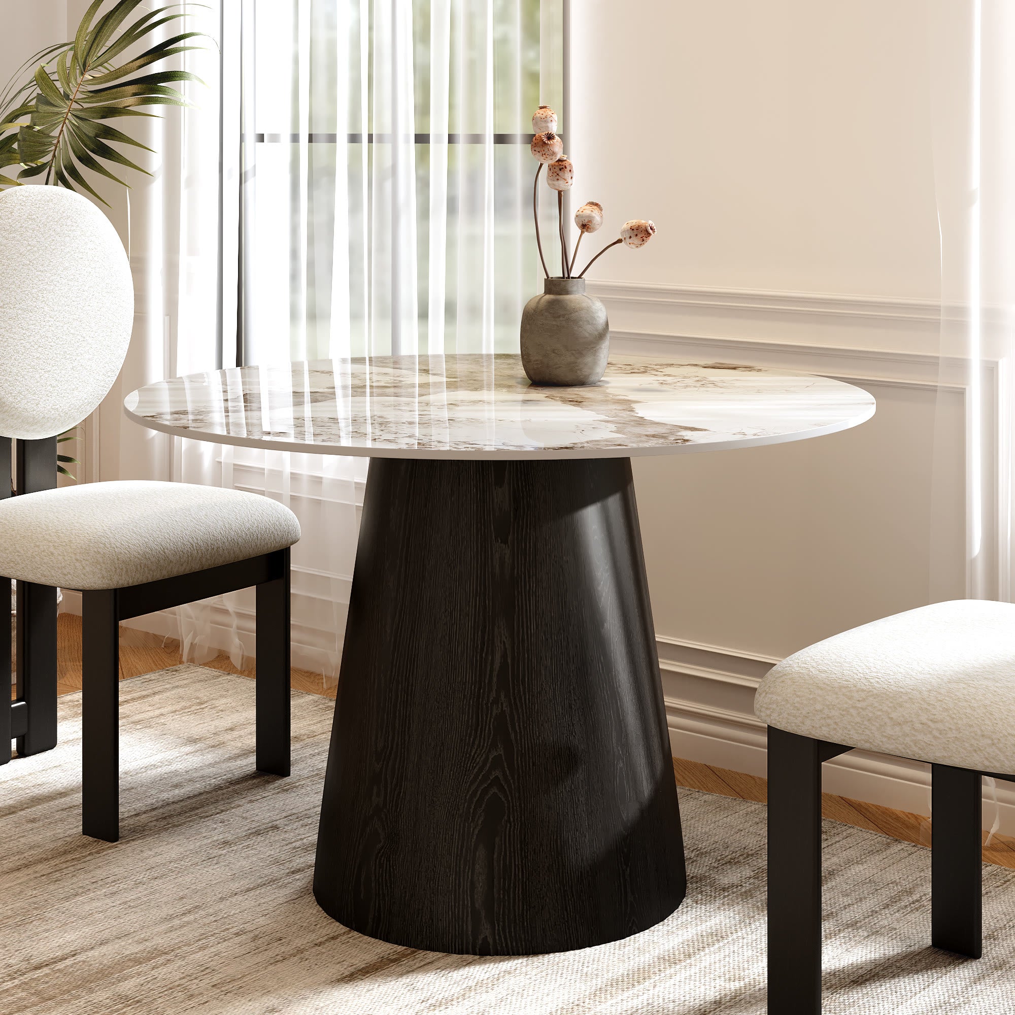Round Black/Brown Sturdy Barrel Shape Dining Table Solid Wood Pedestal For 2-4 Person - Pandora+Black - W43.31" x D43.31" x H29.53" - image 2
