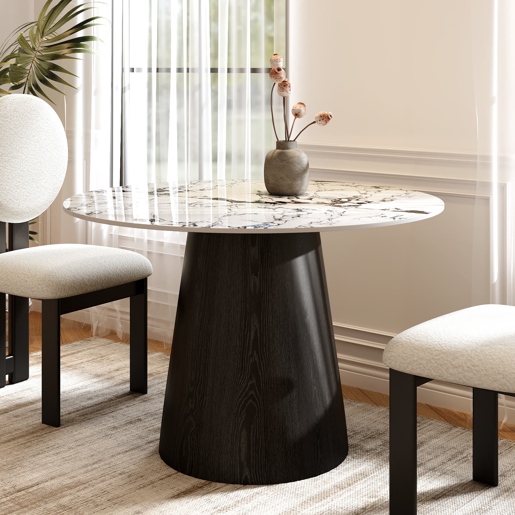Iffhome Round Black/Brown Sturdy Barrel Shape Dining Table Solid Wood Pedestal For 2-4 Person - Gemstone Black+Black - W43.31" x D43.31" x H29.53" - image 3