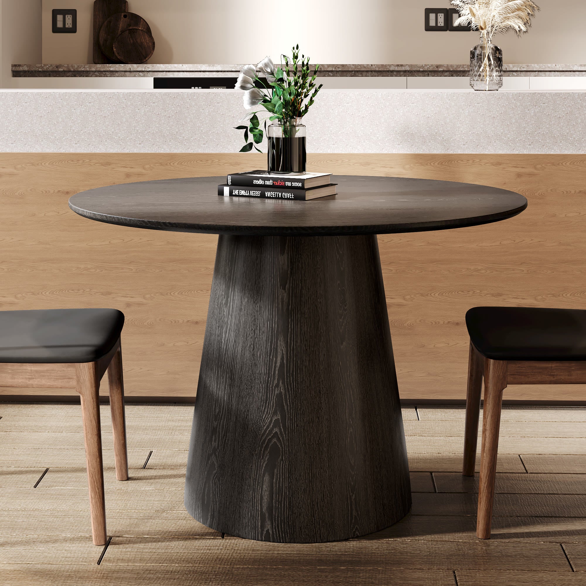 Round Black/Brown Sturdy Barrel Shape Dining Table Solid Wood Pedestal For 2-4 Person - Black+Black - W43.31" x D43.31" x H29.53" - image 4