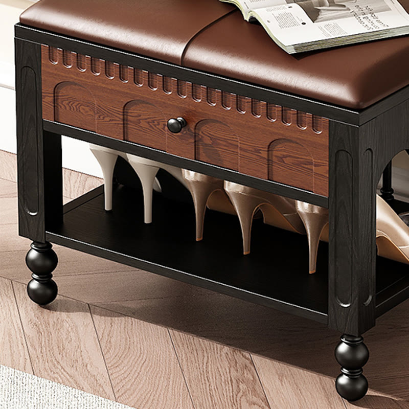 Wooden Shoe Bench With Arched Design Drawer  - image 2