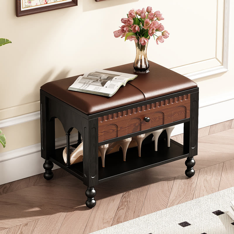 Wooden Shoe Bench With Arched Design Drawer  - Walnut - image 0