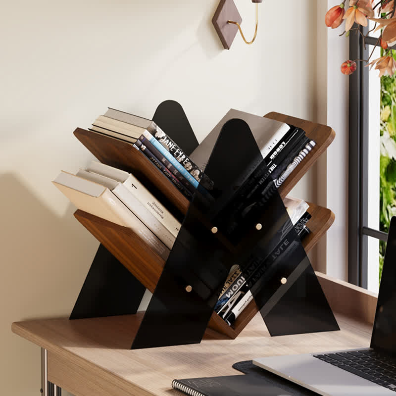 Modern Two-Tier Acrylic Desktop Bookshelf - Walnut - Black tea - image 0