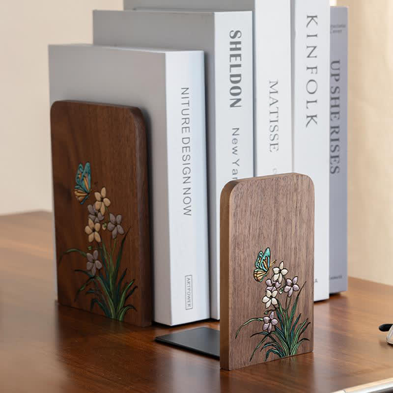 Vintage Floral Solid Wood Desktop Bookends - Walnut - image 0