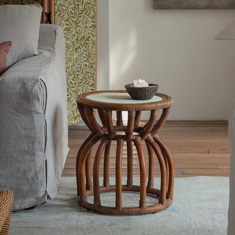  Waist Drum-shaped Rattan Side Table - W15.75" X D15.75'' X H18.11" - image 1