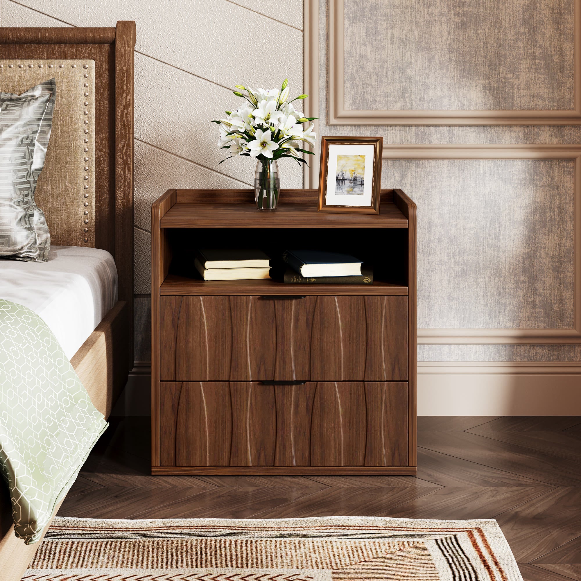 Two-tier Textured Drawer Nightstand - Walnut - image 1