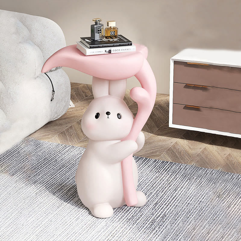 Creamy White Resin Carved Rabbit Side Table - White+Pink - image 1
