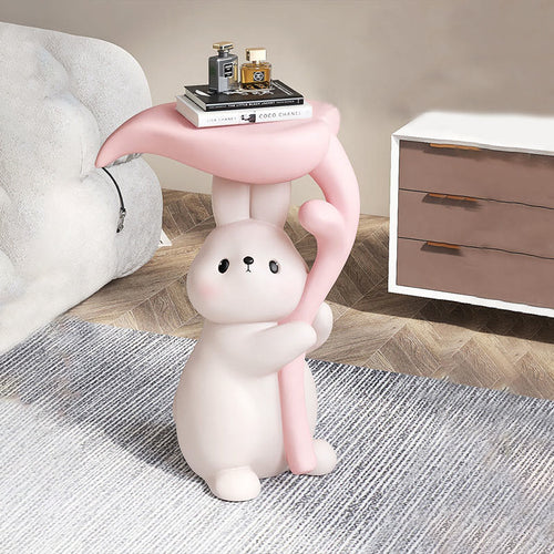 Creamy White Resin Carved Rabbit Side Table - White+Pink - image 1