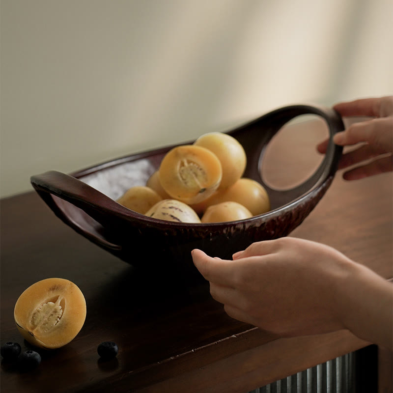 Vintage Ceramic Double-handle Fruit Tray - brown - image 0