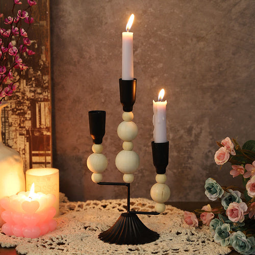 Black&white Vintage Wooden Bead Candelabrum - black - image 0