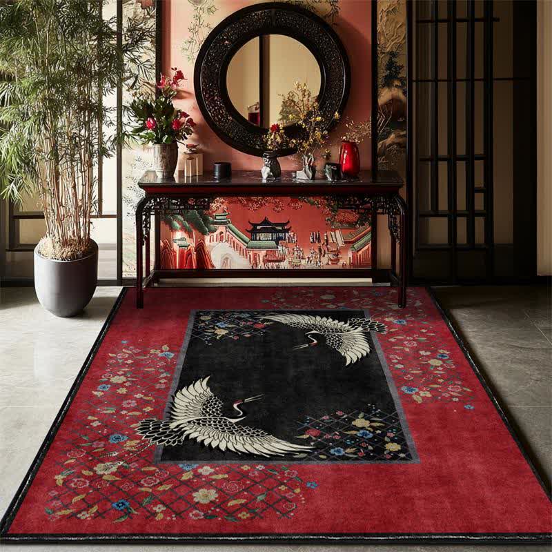 Floral Red-crowned Crane Anti-slip Area Rug - image 1