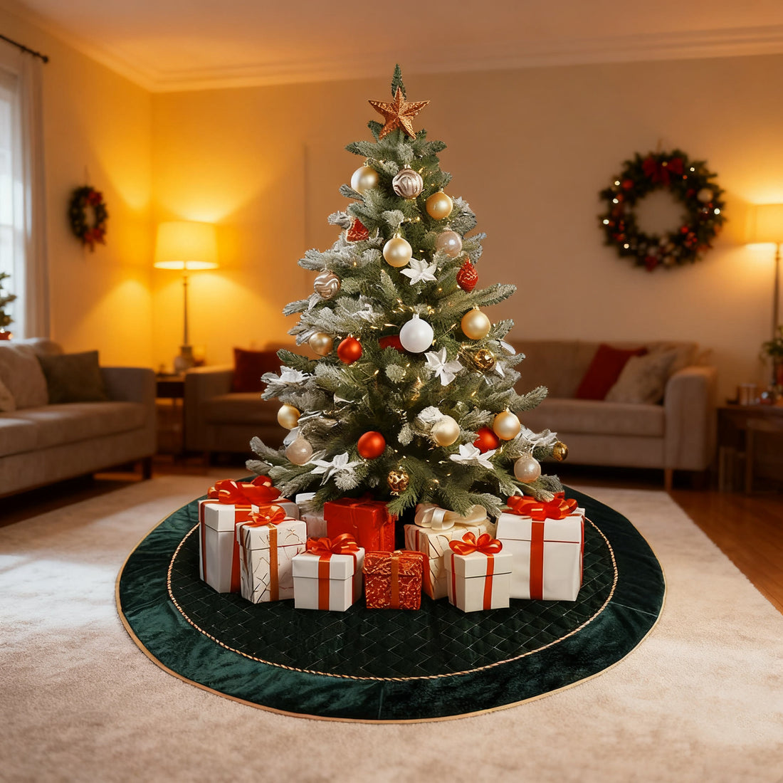 Green Velvet Quilted Christmas Tree Skirt - image 1