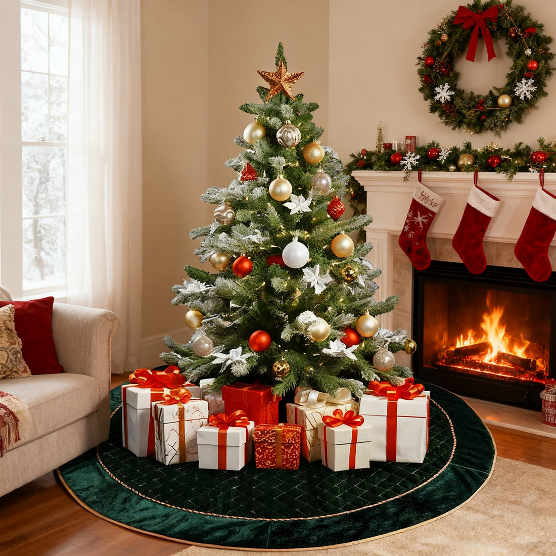 Green Velvet Quilted Christmas Tree Skirt - Green - image 0