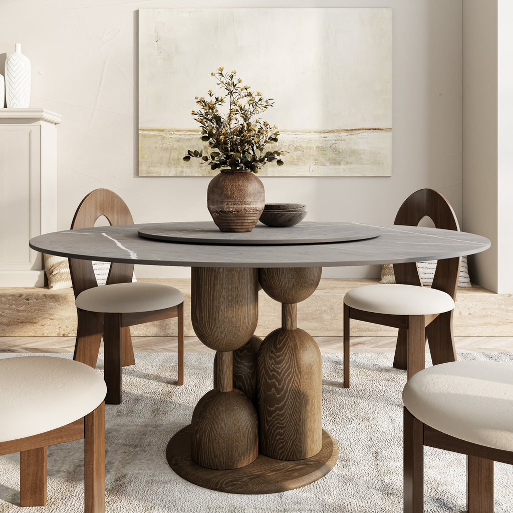 Goblet-shaped Base Round Kitchen Table For 4/6/8 - Light Gray - 59" Table With Lazy Susan - image 3