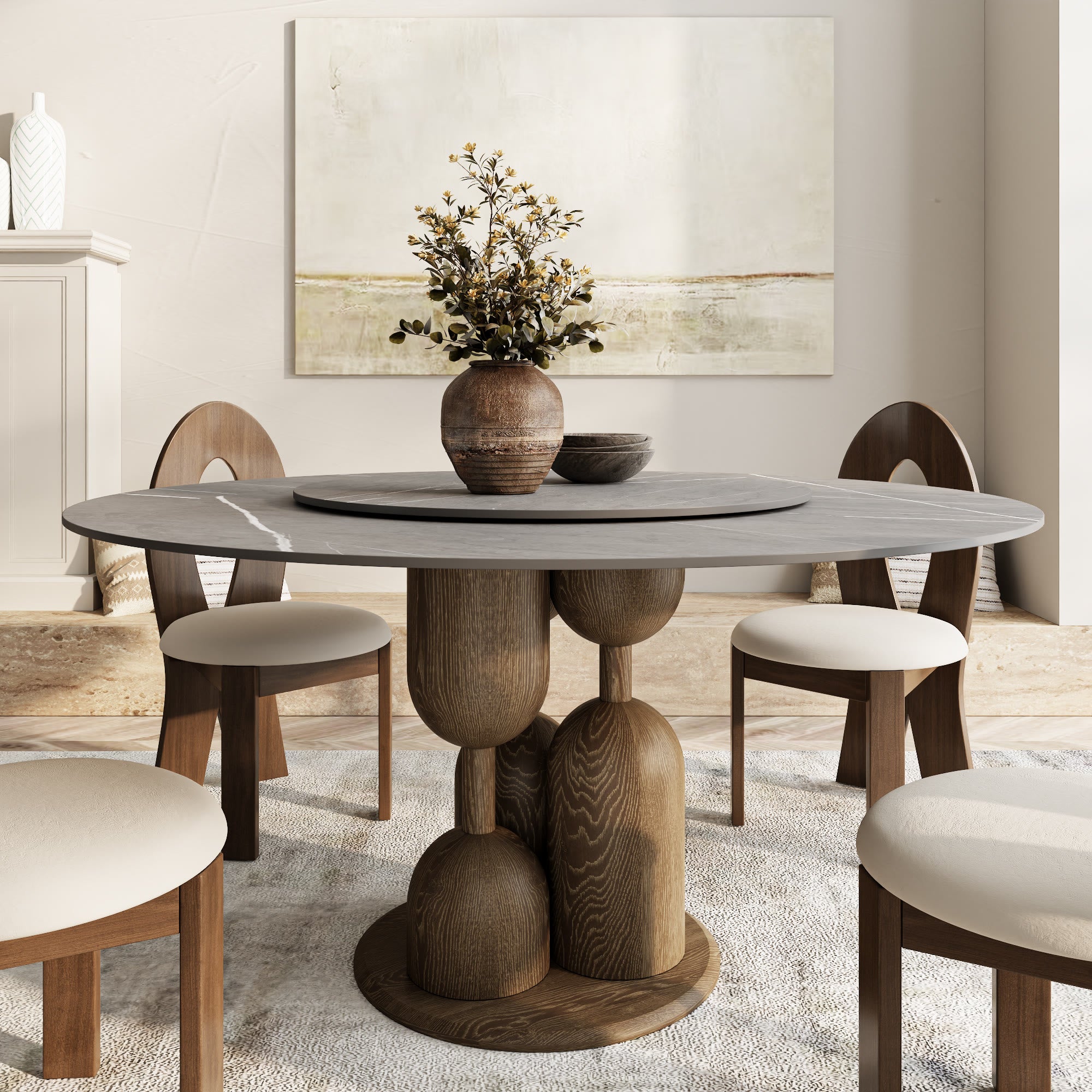 Goblet-shaped Base Round Kitchen Table For 4/6/8 - Light Gray - 59" Table With Lazy Susan - image 3