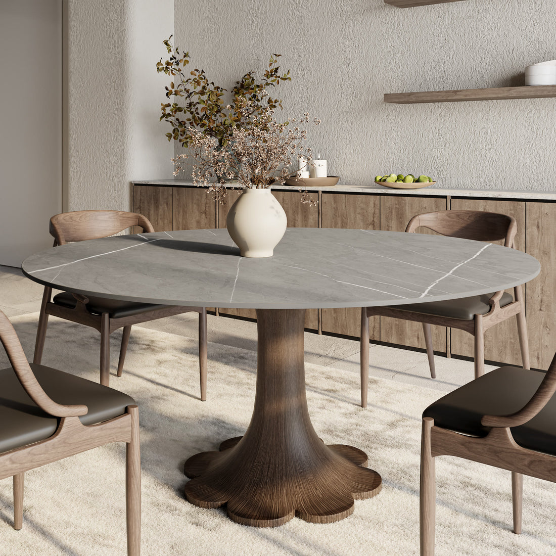 Dark Walnut-colored Floral-shape Dining Table For 4-8 Seats - Light Gray - 59" Table - image 4