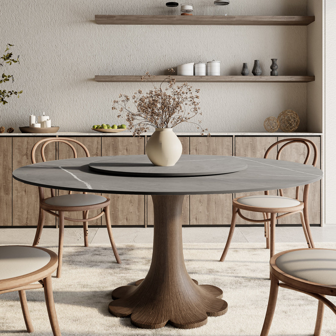 Dark Walnut-colored Floral-shape Dining Table For 4-8 Seats - Light Gray - 59" Table With Lazy Susan - image 7