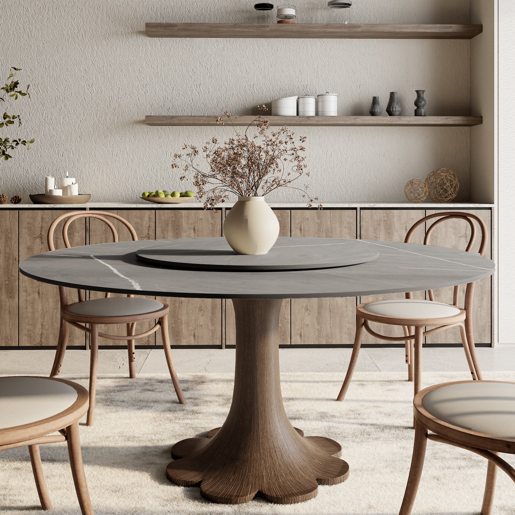 Dark Walnut-colored Floral-shape Dining Table For 4-8 Seats - Light Gray - 59" Table With Lazy Susan - image 8