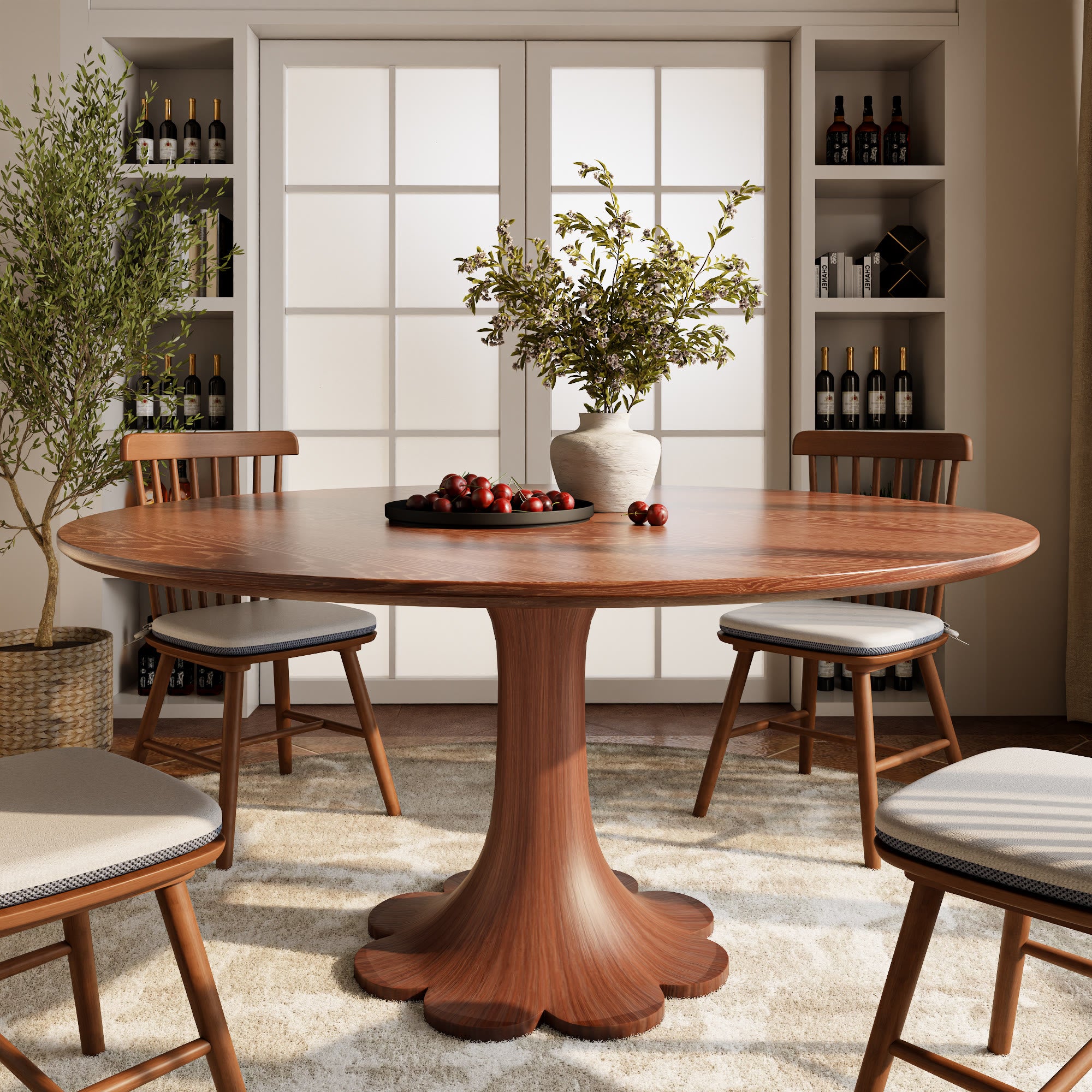 Liora Farmhouse-Style Red Walnut Floral-shape Solid Wood Pedestal Round Dining Table  - Wanlut - without Lazy Susan - 59" Table - image 22