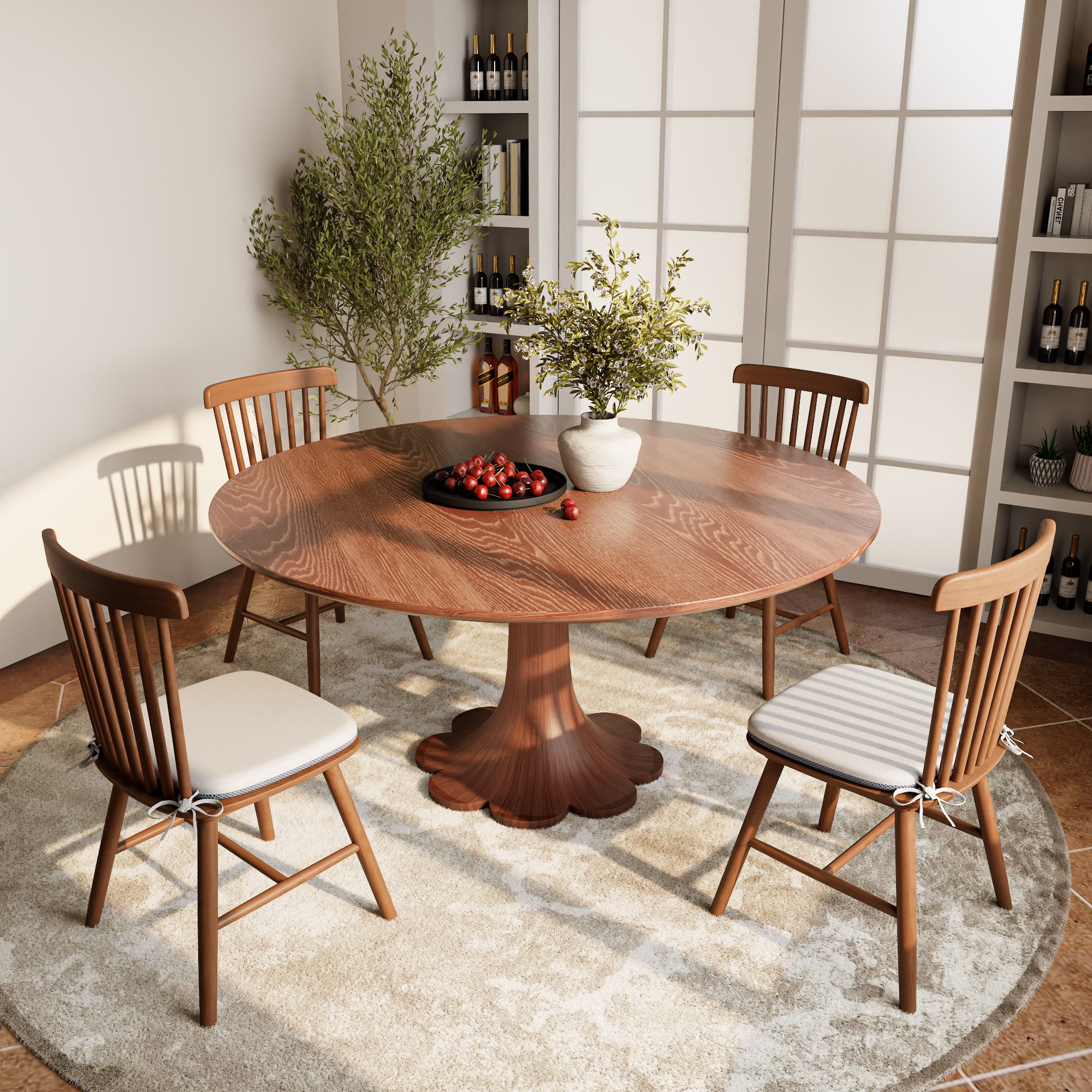Liora Farmhouse-Style Red Walnut Floral-shape Solid Wood Pedestal Round Dining Table  - image 23