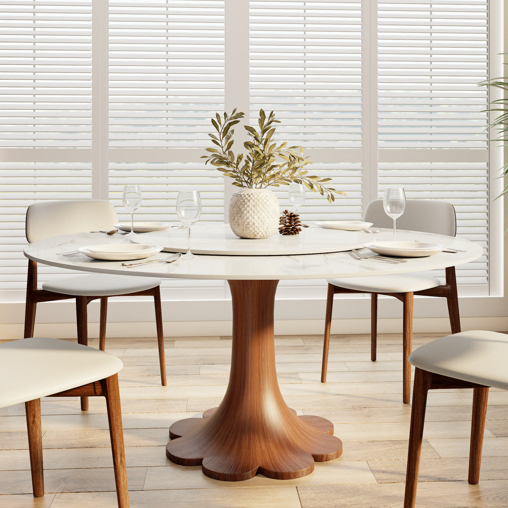 Floral-shape Pedestal Dining Table Pedestal Base Farmhouse Style - Snowy White - 59" Table With Lazy Susan - image 10