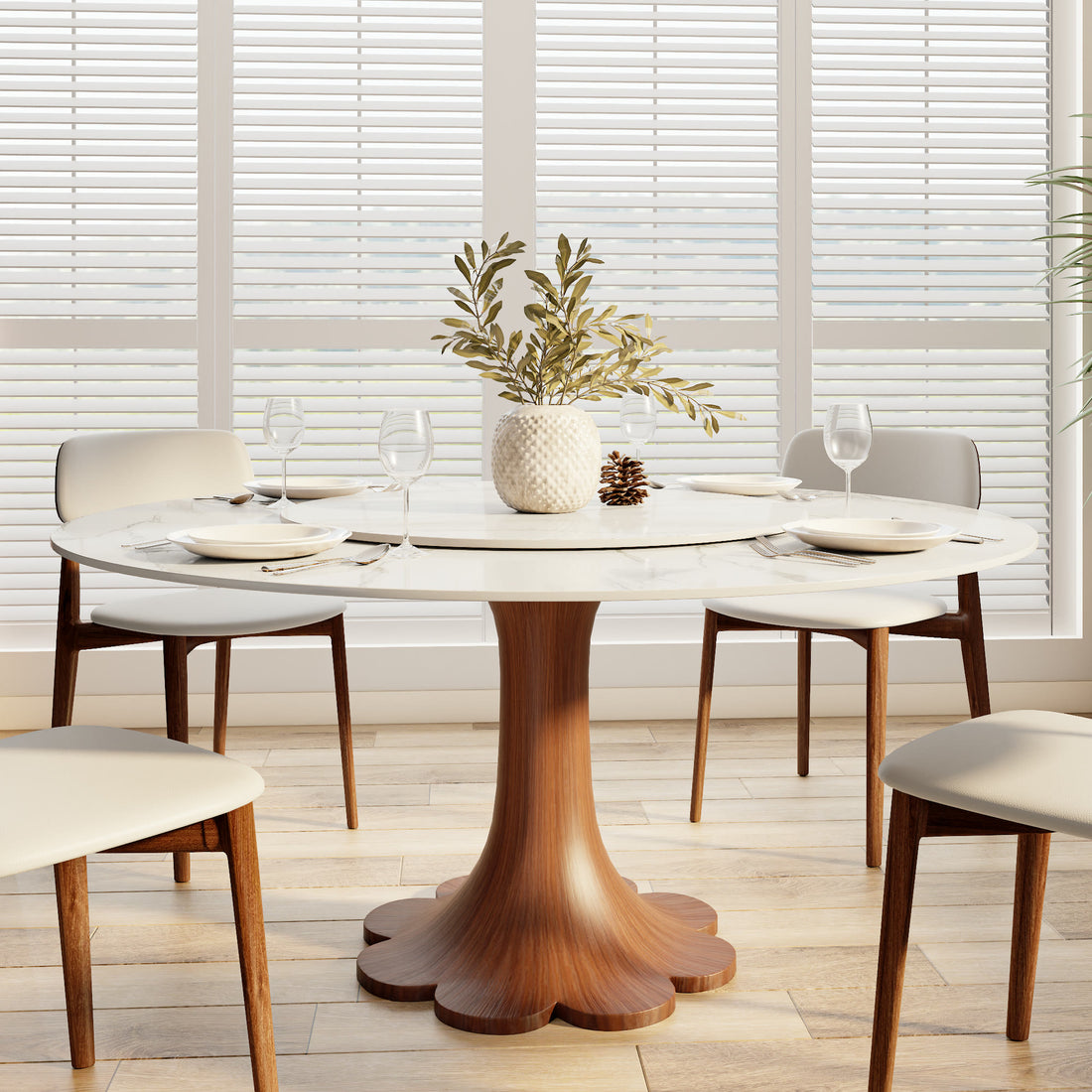 Floral-shape Pedestal Dining Table Pedestal Base Farmhouse Style - Snowy White - 59" Table With Lazy Susan - image 10