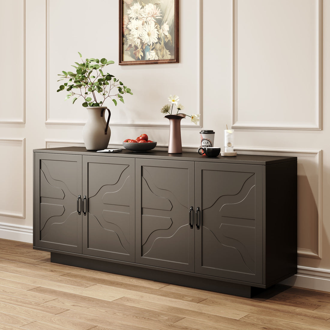 Iffhome Classic Black Buffet Cabinet With Wine Glass Rack - image 1