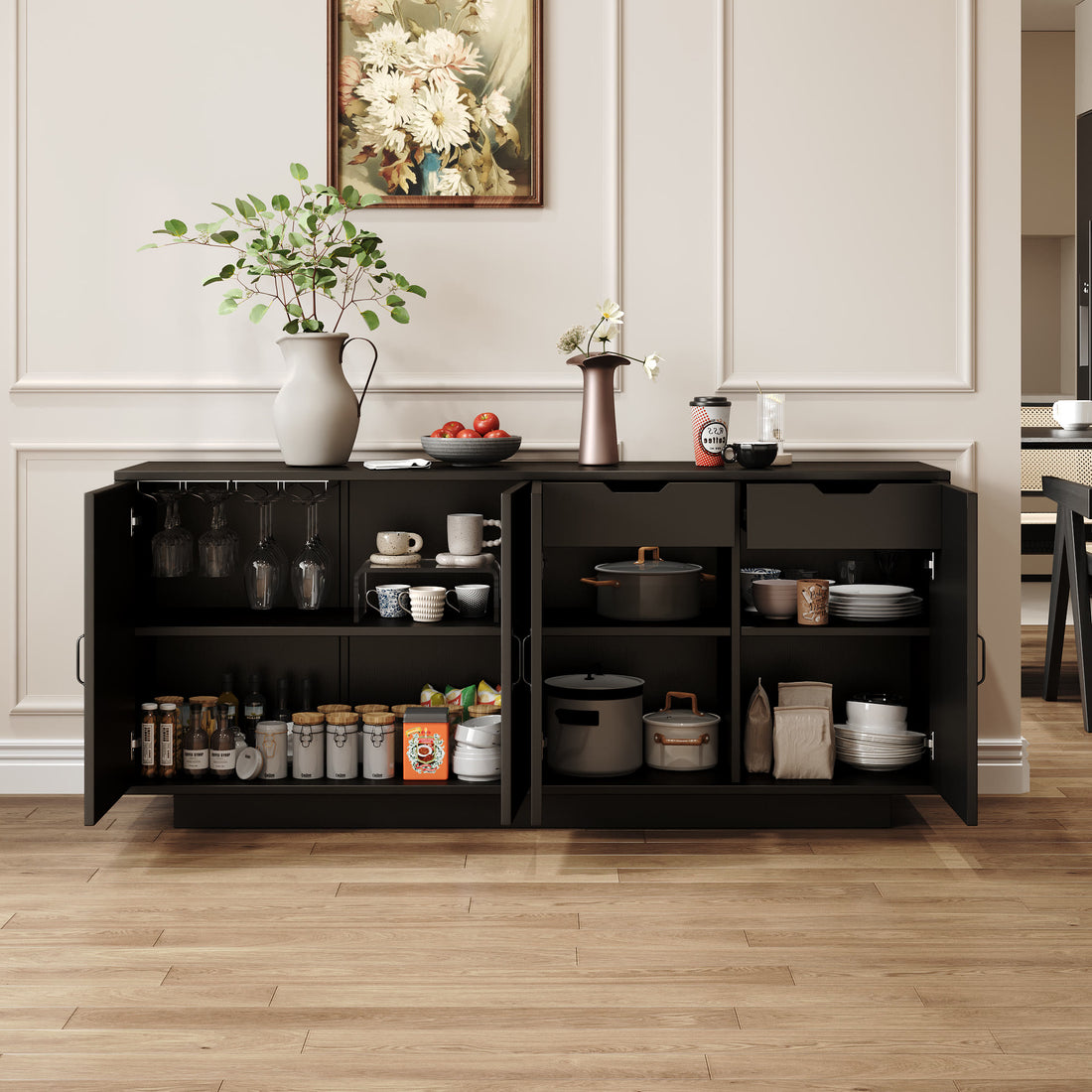 Iffhome Classic Black Buffet Cabinet With Wine Glass Rack - image 3